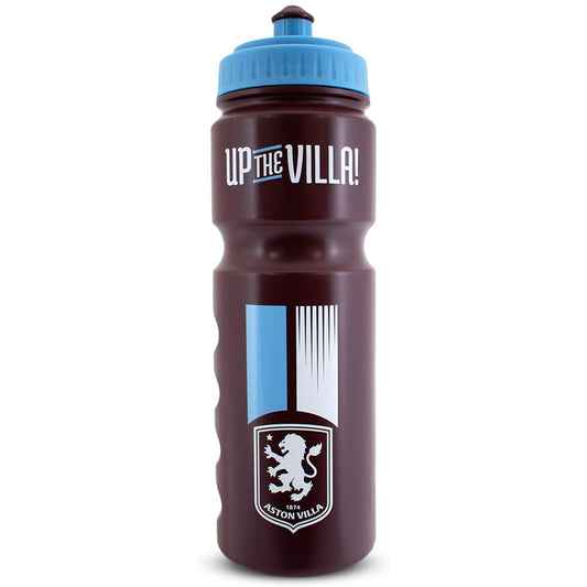 A dark claret plastic water bottle with a light blue cap, featuring the text 'UP THE VILLA!' and the Aston Villa club crest on the front.