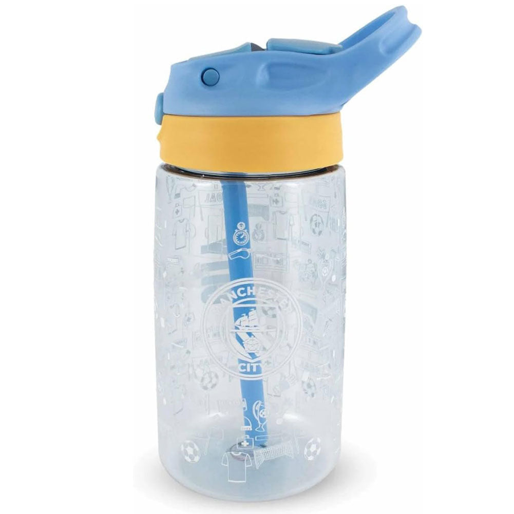 A clear plastic water bottle with a blue flip-top lid and straw, featuring a yellow collar and white Manchester City crest printed on the front.