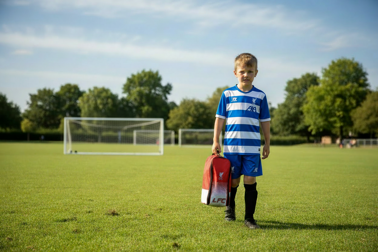 Child in blue and white kit with football goals