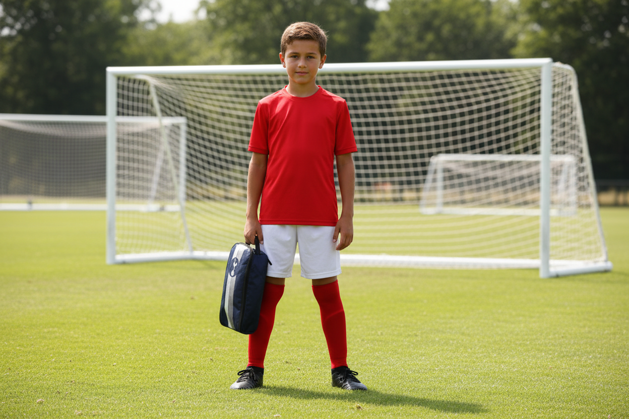 Child in unbranded kit with football goals