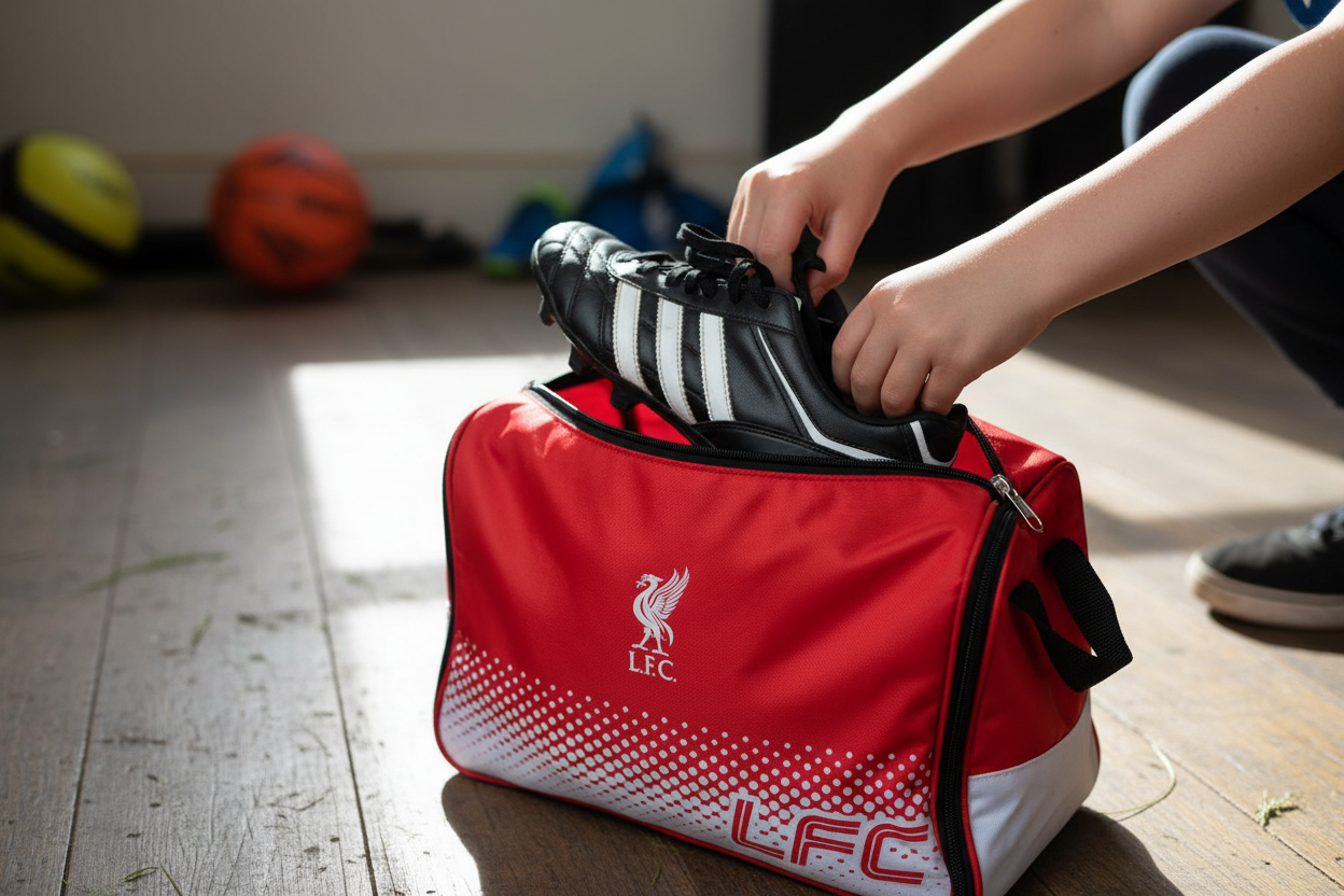 Child pulling football boots from Liverpool boot bag